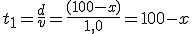 t_1=\frac{d}{v}=\frac{(100-x)}{1,0}=100-x